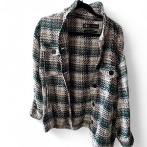 Zara Women's Green and Cream Plaid Blazer
